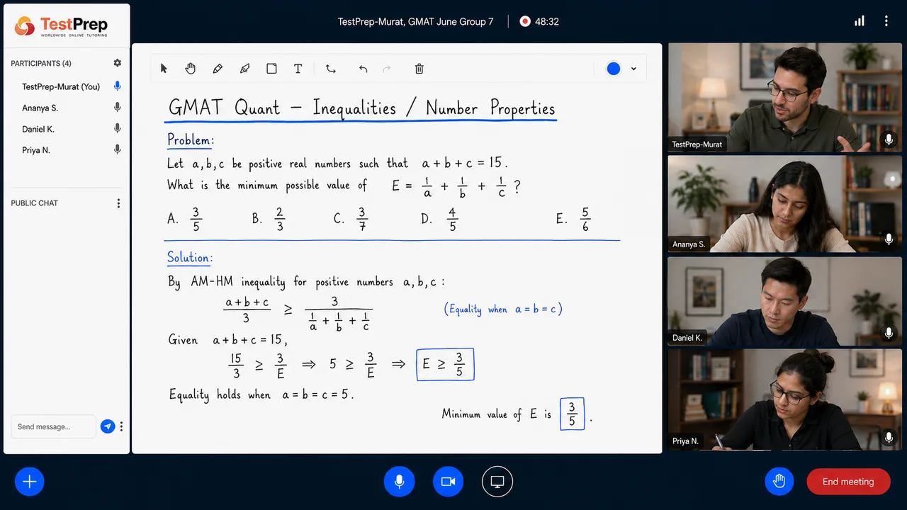 Canlı GMAT grup dersi ekran görüntüsü: eğitmen Murat ve üç öğrenci, ortak beyaz tahtada "GMAT Quant — Inequalities / Number Properties" konusu işleniyor.