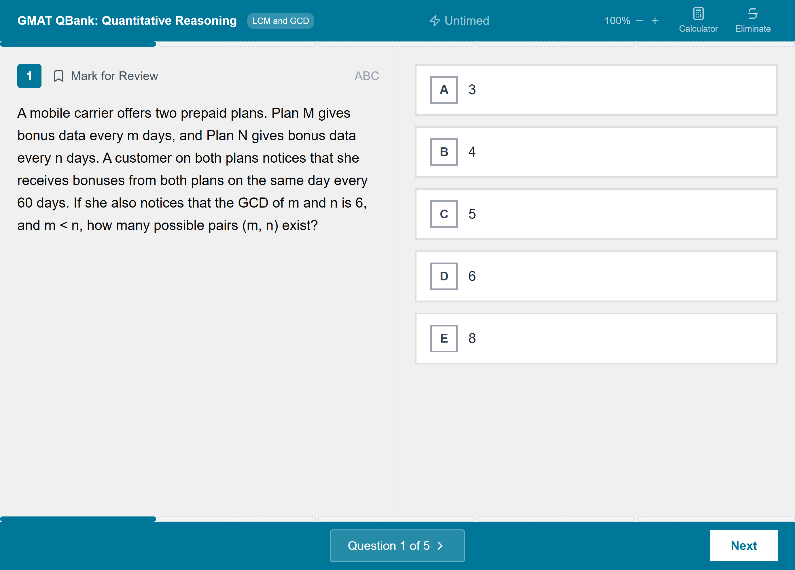 A question in the GMAT exam interface: text on the left, answer choices on the right
