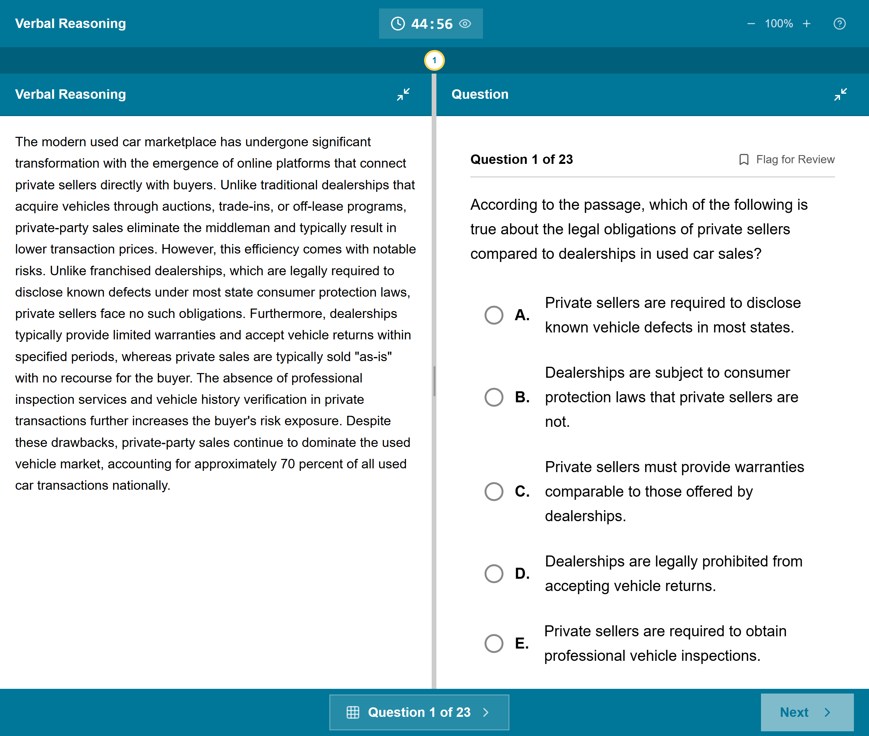 A question in the GMAT exam interface: passage on the left, answer choices on the right
